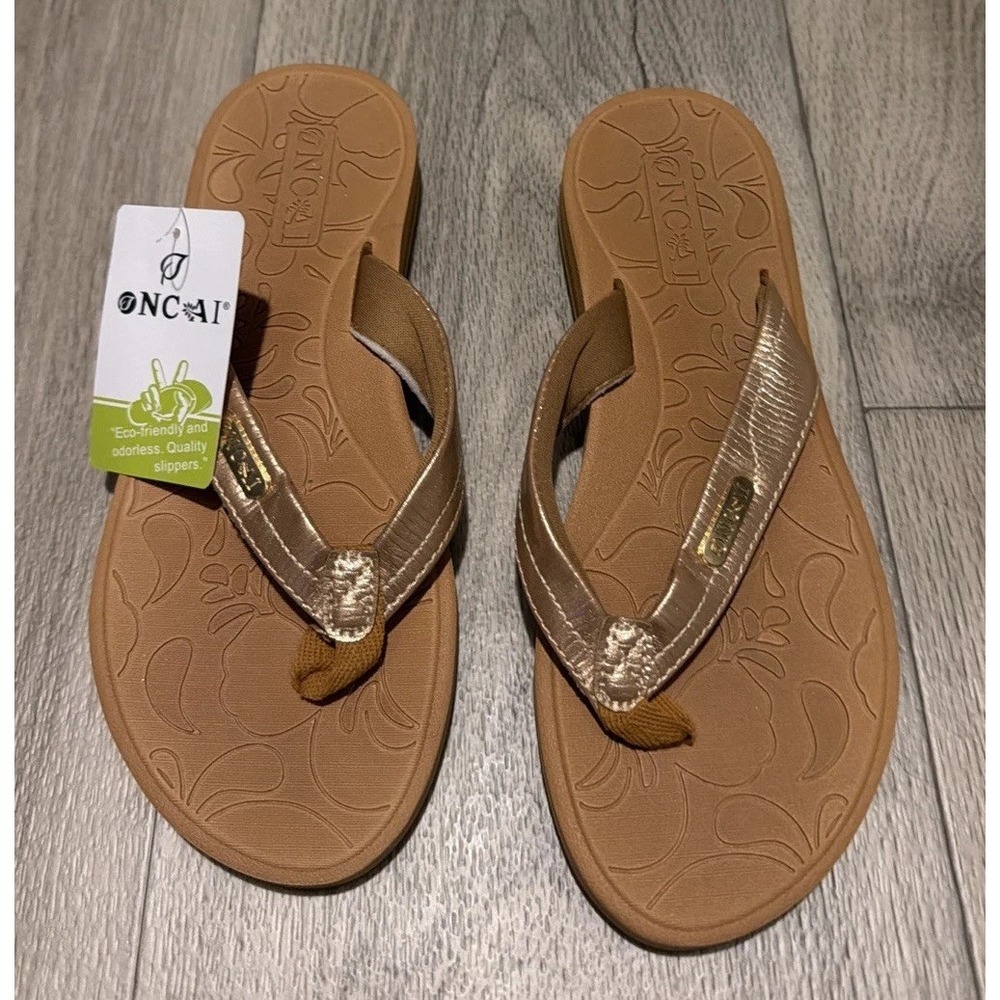 ONCAI Flip Flops Beach Thong Sandals W/Arch Support Rhinestones Beige Sz 7 NWT
